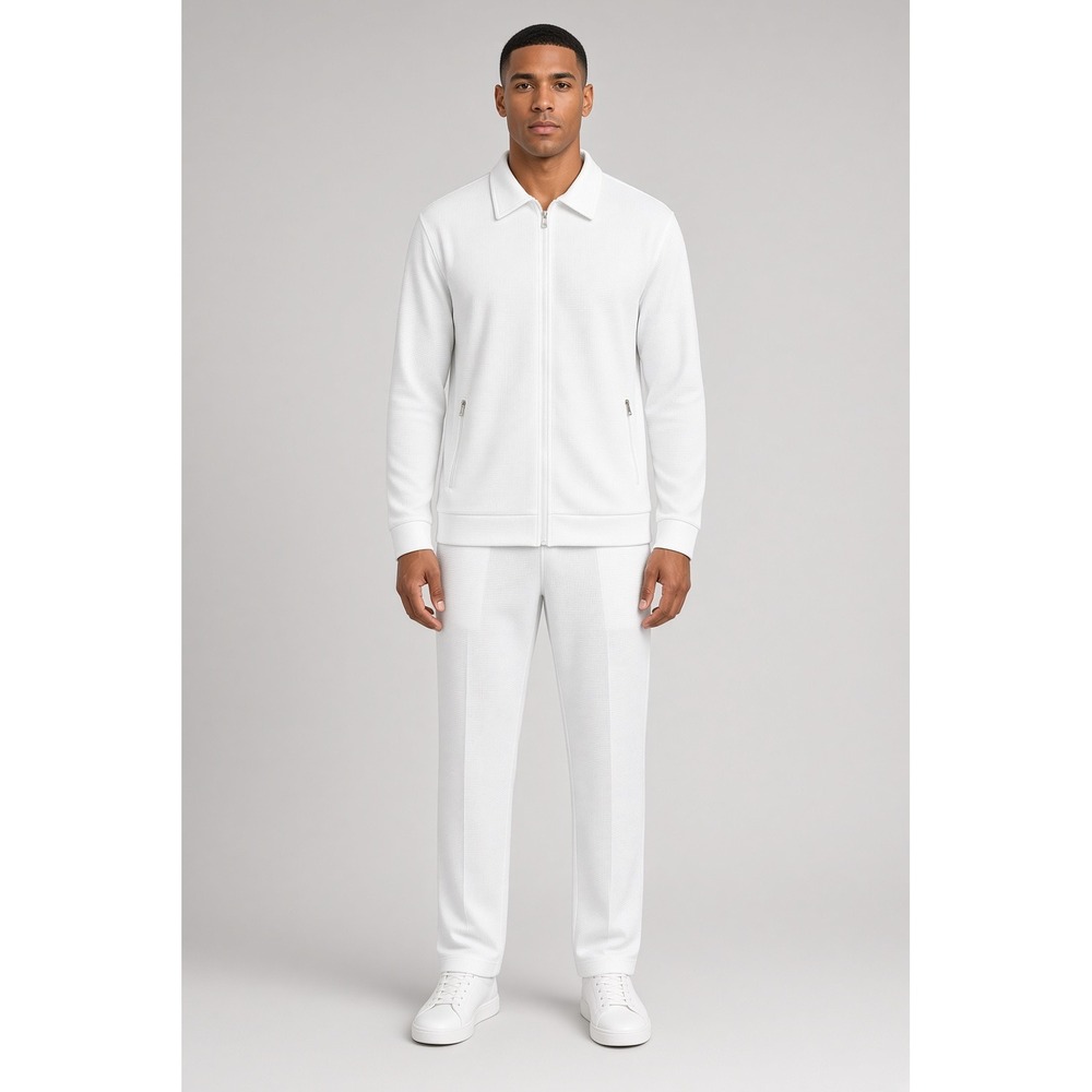 Mens White Waffle Texture Tracksuit Set Zip Jacket and Pants Size M